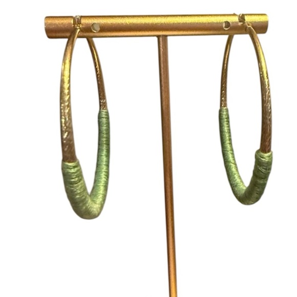 Vintage 2” Gold and Green Thread Hoop Earrings - Picture 1 of 11